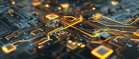 Abstract futuristic circuit board background with glowing processor nodes, intricate data pathways and digital technology schematic design