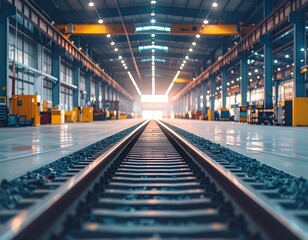 Fototapeta premium Industrial train tracks in spacious warehouse with natural light
