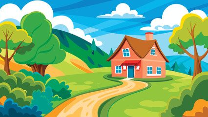 Vector illustration of a small farmhouse on a hill with mountain and sky. Peaceful landscape design ideal for backgrounds, postcards, interior decor, and print materials