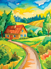 Watercolor painting of a small village house on a hill with mountain and sky. Peaceful landscape sketch perfect for backgrounds, postcards, interior decoration, and prints