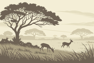 Misty morning grassland with deer grazing vector illustration