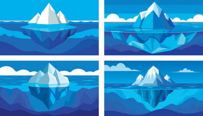 Blue ice mountain rising from the ocean with underwater view. Dramatic cold seascape featuring glacier, deep sea, and marine environment. Perfect for nature, climate, and adventure themes