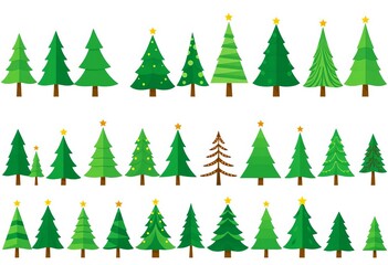 Fototapeta premium Set of stylized green Christmas trees, various shapes & sizes, ideal for festive designs, card, vintage