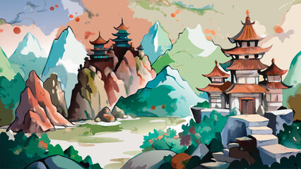 Painting of a Japanese wild mountain landscape with traditional castle. Scenic nature view featuring historic architecture, lush greenery, and cultural heritage in artistic brushstroke style