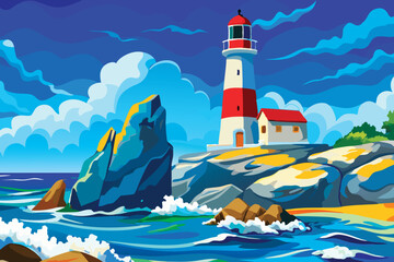 Watercolor painting of a lighthouse near the ocean shore with waves. Coastal scenery with soft brushstrokes, serene maritime atmosphere, and vintage artistic style. Perfect for nautical themes