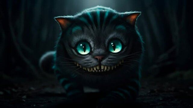 Cartoon Cheshire Cat with Glowing Eyes Smiling in Dark Forest Illustration