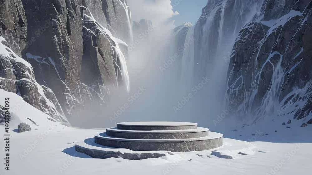 Poster seamless loop, empty stone stage podium in snow mountain landscape and waterfall background, blank s