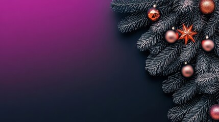Christmas Tree Branches with Neon Decorations on Magenta Background, Festive Holiday Background