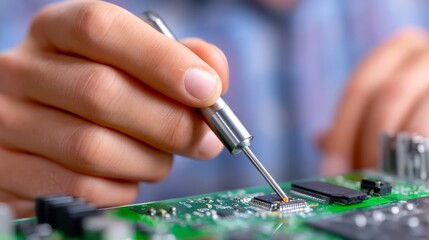Fototapeta premium Close-Up of a Person Fixing a Circuit Board with Screwdriver in a Workspace
