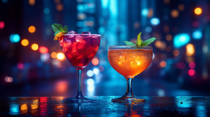 Two bright cocktails in elegant glasses stand on a wet bar counter against the backdrop of the blurred lights of a night city..