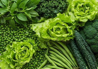 Fresh Green Vegetables Peas, Lettuce, Broccoli, Kale, Basil, Green Beans, Zucchini, Healthy Eating.