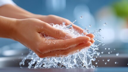 Fototapeta premium Hands Creating Splashes of Water While Washing Dishes in a Bright Kitchen Setting