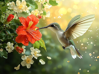 Naklejka premium Hummingbird feeding on vibrant hibiscus flower. A stunning digital painting showcasing natures beauty, ideal for websites, greeting cards, or naturethemed projects.