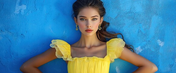 Woman in yellow dress against blue wall