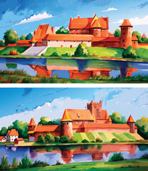 Hand-drawn historical watercolor painting of an ancient castle. Vintage architecture illustration with old stone towers, scenic landscape, and artistic brushstroke style. Perfect for heritage themes