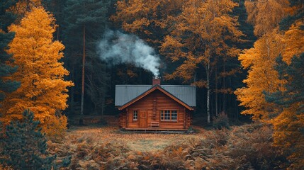 Autumn cabin in the woods