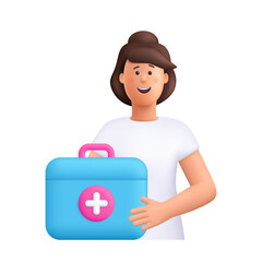 Young smiling woman Jane holding first aid kit or ambulance emergency box. Healthcare, medicine concept. 3d vector people character. Cartoon minimal style.