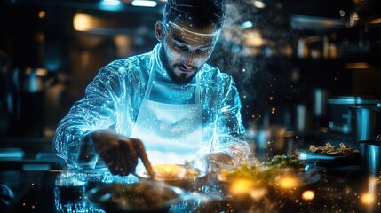 A glowing virtual chef avatar preparing futuristic digital meals 