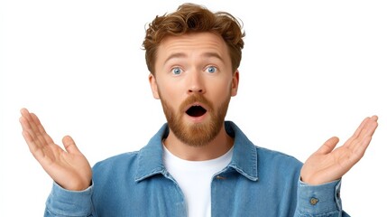 Surprised Man Raising Hands in Disbelief Against a White Background