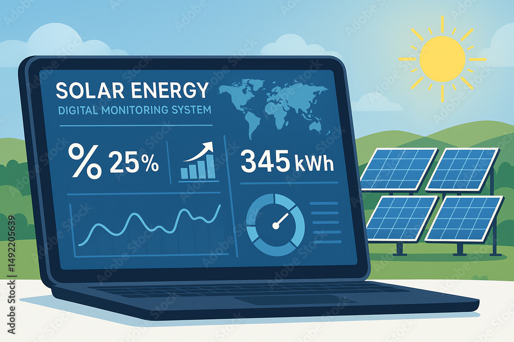 Aufkleber a modern laptop displaying solar energy monitoring data, showcasing power metrics and graphs with so