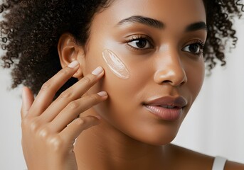 Beautiful Black Woman Applying Facial Serum, Skincare Routine, Glowing Skin, Beauty Products.