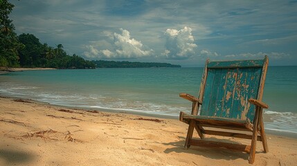 Beach chair on sandy shore, tropical scenery
