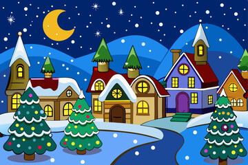 Fototapeta premium Peaceful snowy night in a Christmas village vector illustration