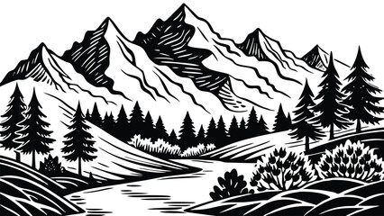 Black mountain landscape silhouette with layered peaks and dramatic horizon. Minimal nature scenery for travel, hiking, and wilderness concepts. Vector illustration for posters and backgrounds
