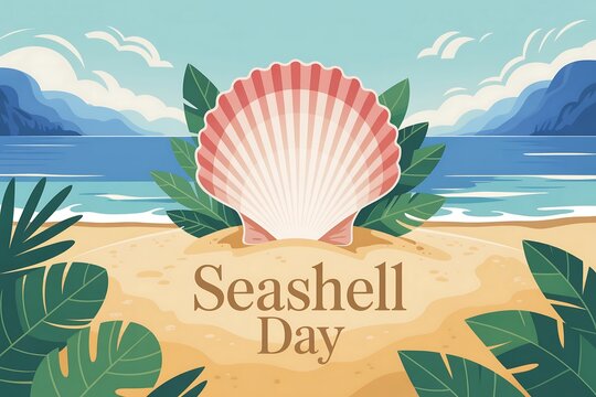 Seashell day illustration with beach, ocean, clouds, leaves and a large scallop shell - Powered by Adobe