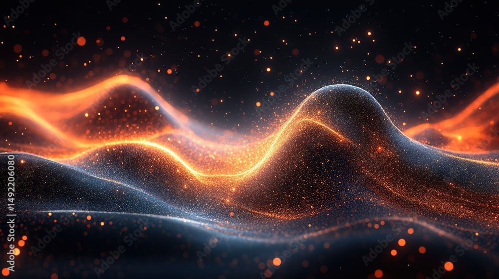 Poster glowing orange wave lines flowing across dark background with futuristic style, dynamic motion effec
