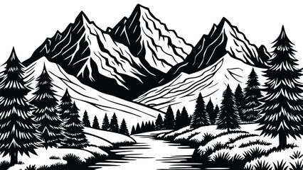 Black mountain landscape silhouette with layered peaks and dramatic horizon. Minimal nature scenery for travel, hiking, and wilderness concepts. Vector illustration for posters and backgrounds