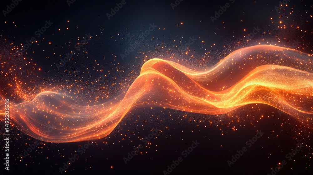 Poster glowing orange wave lines flowing across dark background with futuristic style, dynamic motion effec