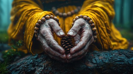 Aged hands hold a pine cone