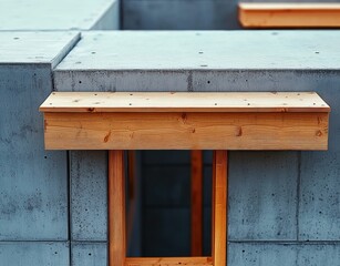 close-up view of smooth wooden ledge and window frame set into textured gray concrete wall with clean lines and modern construction