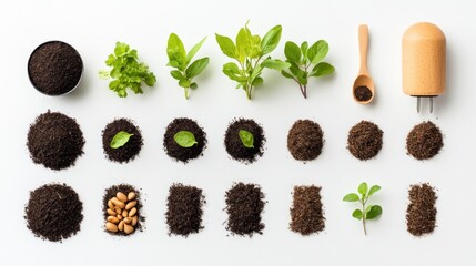Planting supplies arranged on white background