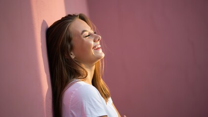 Fototapeta premium A young woman laughing joyfully, eyes closed, against a soft pastel-colored wall. Warm, natural light captures the essence of pure happiness and joy.