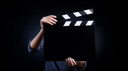 Person holding blank film clapperboard against dark background  