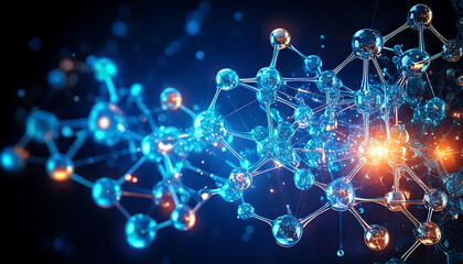 Stunning abstract image of interconnected molecules, glowing with vibrant blue and orange hues.  Perfect for technology, science, medicine, or network concepts.
