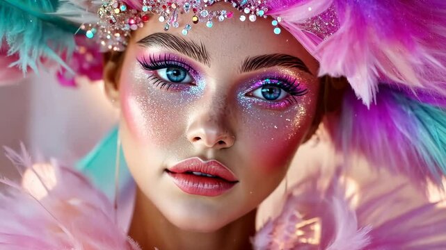 Aura of Elegance: A woman embodies grace, beauty, and creativity. She radiates poise, adorned in a feathered headdress. and dazzling makeup. It's a visual celebration of self-expression and elegance.