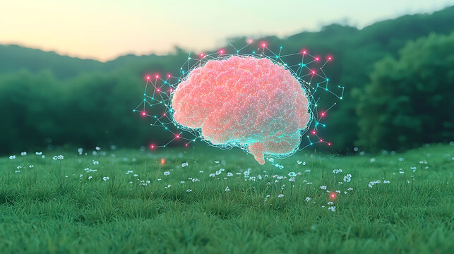 Stunning 3D render of a glowing brain hovering over a lush green field at sunset. Perfect for illustrating concepts of AI, nature, technology, or consciousness.