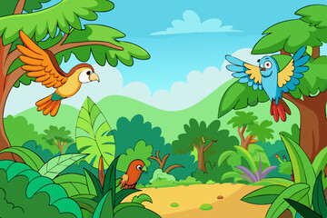 Tropical rainforest with colorful parrots flying vector illustration