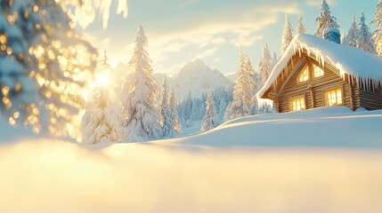 Fototapeta premium Winter Wonderland: A serene snow-covered scene where a cozy cabin nestled amidst towering, snow-laden pine trees. The landscape is bathed in the golden light of a setting sun, creating a picturesque.