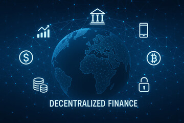 A visual representation of decentralized finance showcasing global connectivity, financial symbols, and digital currencies, emphasizing the evolution of modern finance in a digital