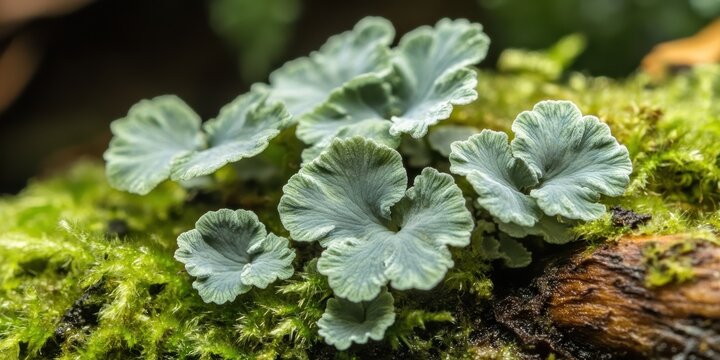 Delicate peltigera growing on vibrant moss and weathered wood a captivating glimpse of nature beauty