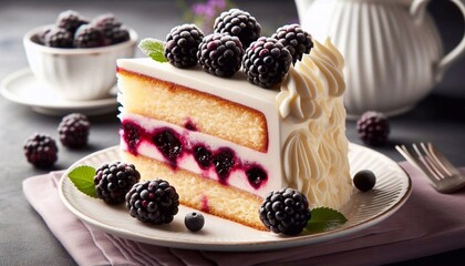 Slice of blackberry cake with buttercream frosting on white plate with blackberries