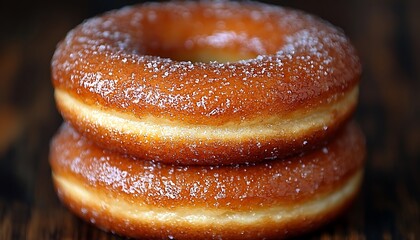 Two sugared doughnuts stacked