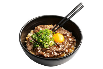 Japanese Gyudon beef rice bowl with raw egg yolk, sliced meat, green onions, and chopsticks, in ceramic bowl isolated on white transparent background, concept of Asian cuisine