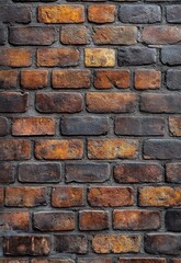 Obraz premium close-up of a weathered brick wall with dark and orange-brown bricks showing rough textures and mortar in between