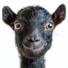 Enchanting Close Up Portrait of a Curious Black Pygmy Goat with Striking Amber Eyes on White Backdrop