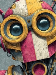 Obraz premium A delightful robot depicted with large, expressive eyes surrounded by vibrant colors and unique details. This close-up showcases the personality and craftsmanship of robotic design
